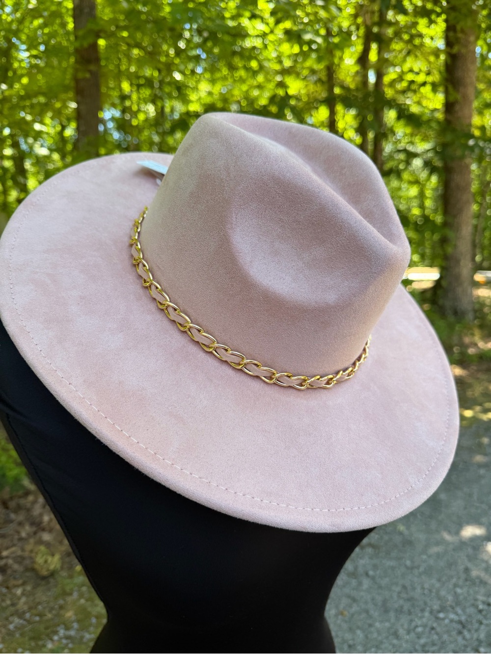 Wide Brim Pink Cowgirl Fedora Hat with Gold Chain Trim